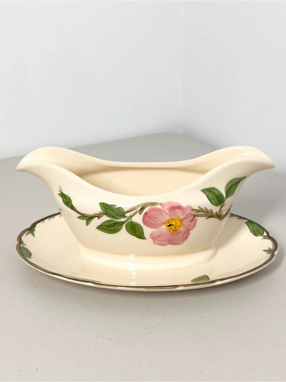 VTG Franciscan Desert Rose Gravy Boat Attached Underplate